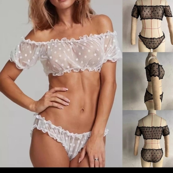 SALE! Polka Dot Mesh Two Piece Off Shoulder Lingerie Set Bra Panties Bralette - Picture 1 of 3